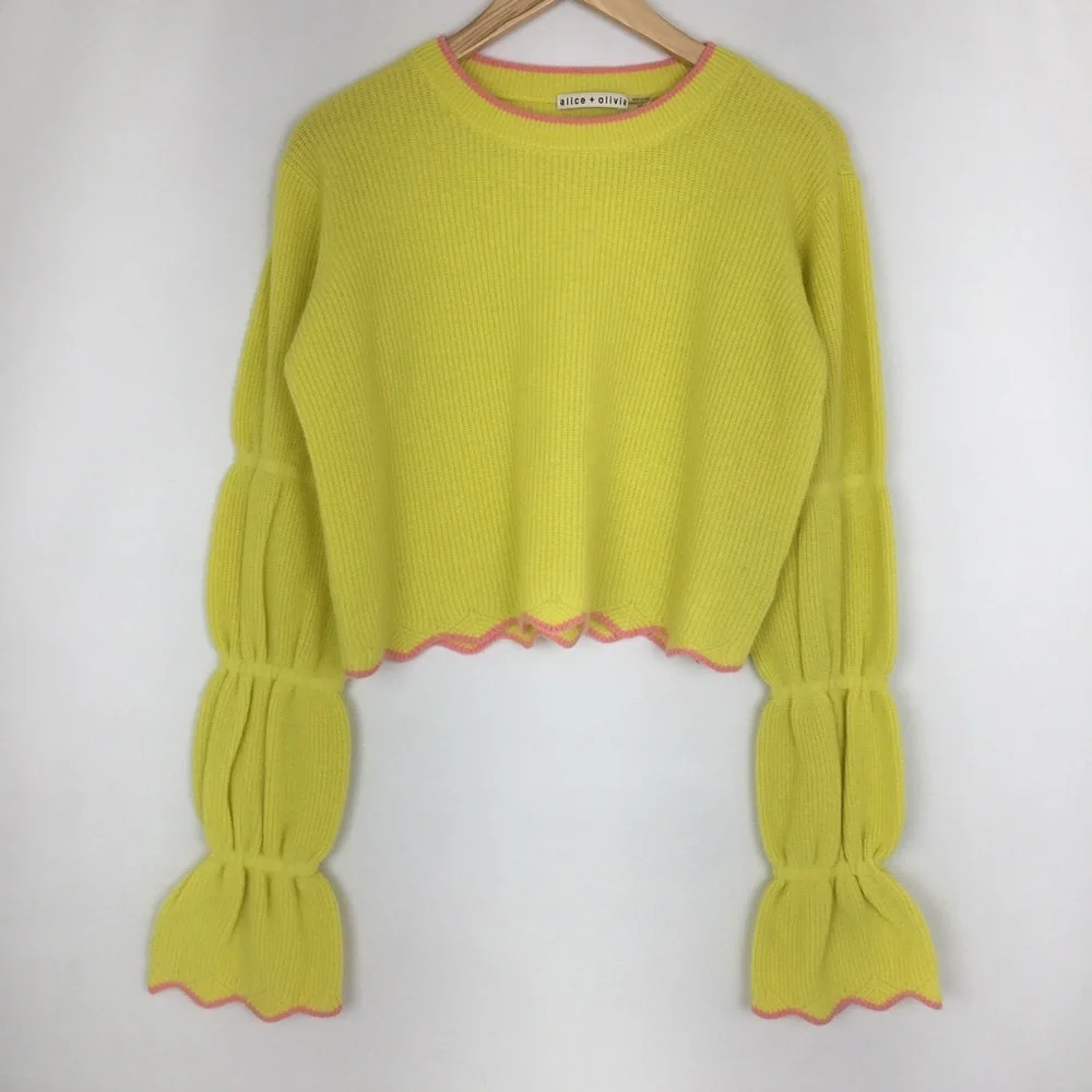 Alice + Olivia Cashmere Sweater Yellow Statement Bell Sleeve Women’s Size XS - Picture 2 of 11